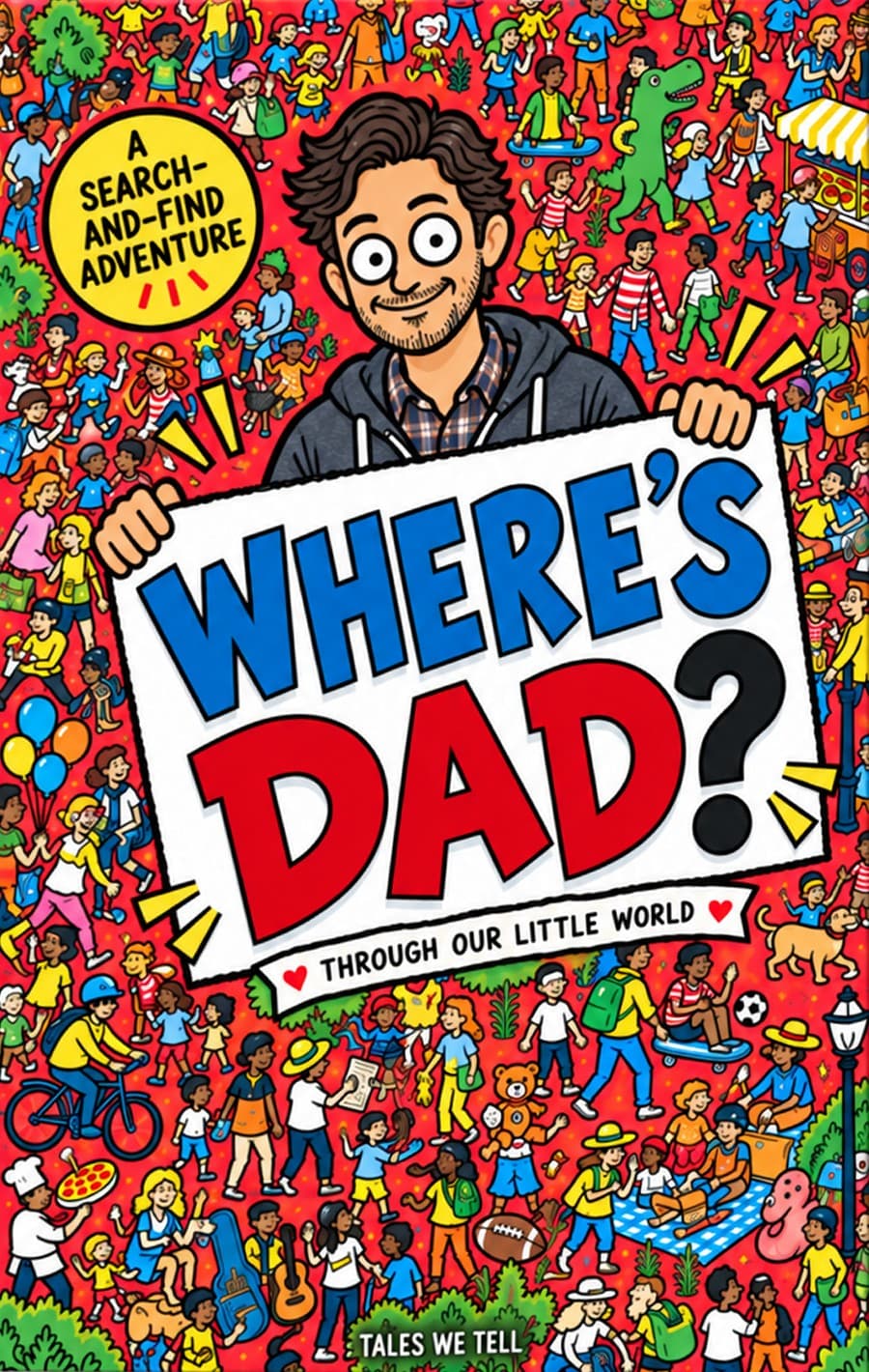 Cover of Where’s Dad?: Dad holding up the title sign in a busy, colourful crowd scene