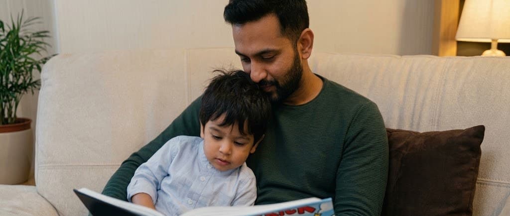 A dad reading a picture book with his young son on the sofa, the boy tucked under his chin