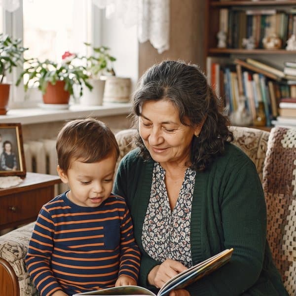 Leo reading his book with Nana on the sofa