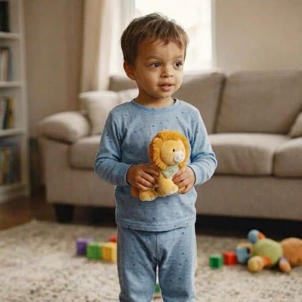 Leo at two, holding his toy lion