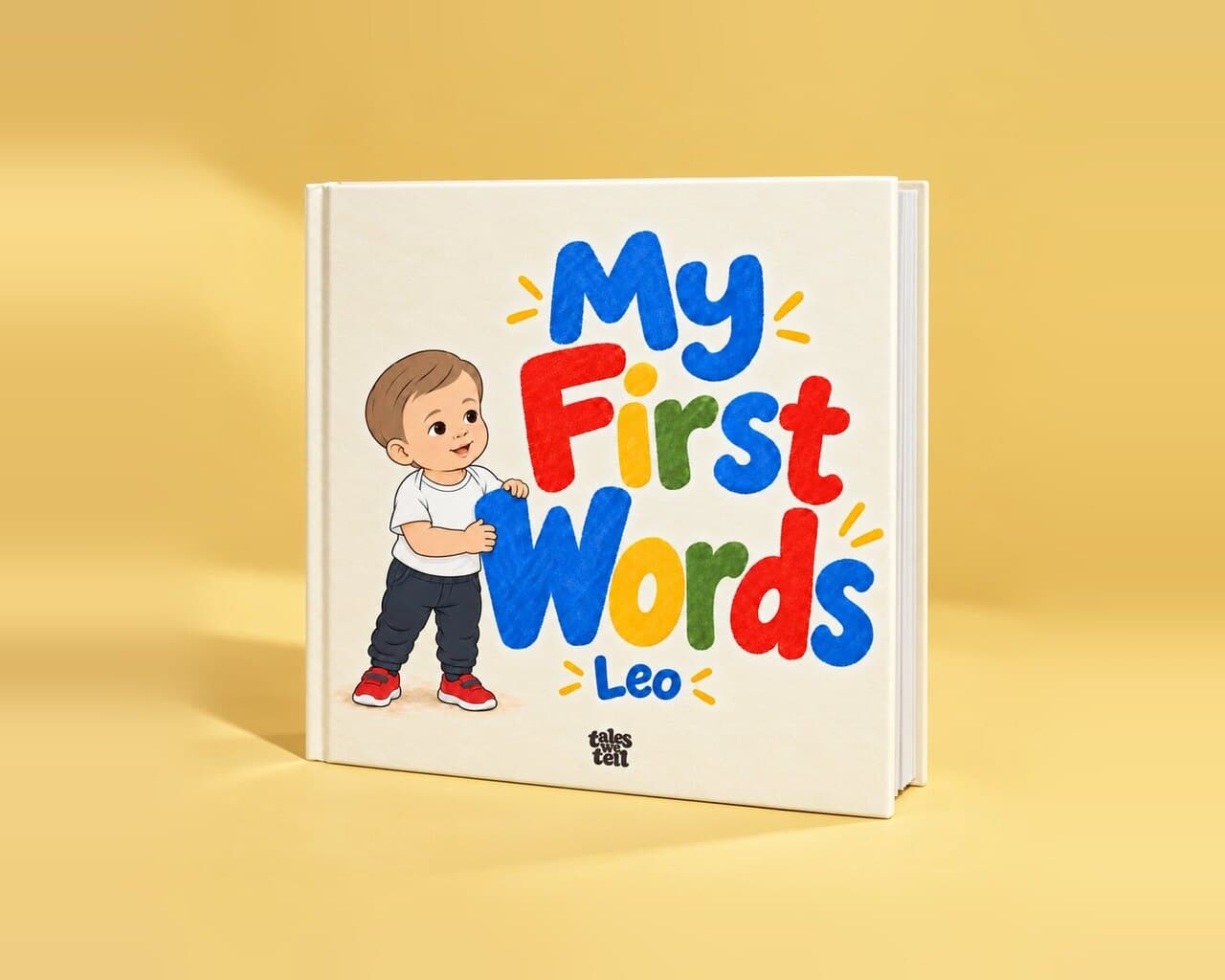 My First Words, a hardback book with a cover illustration of Leo, standing on a butter-yellow surface