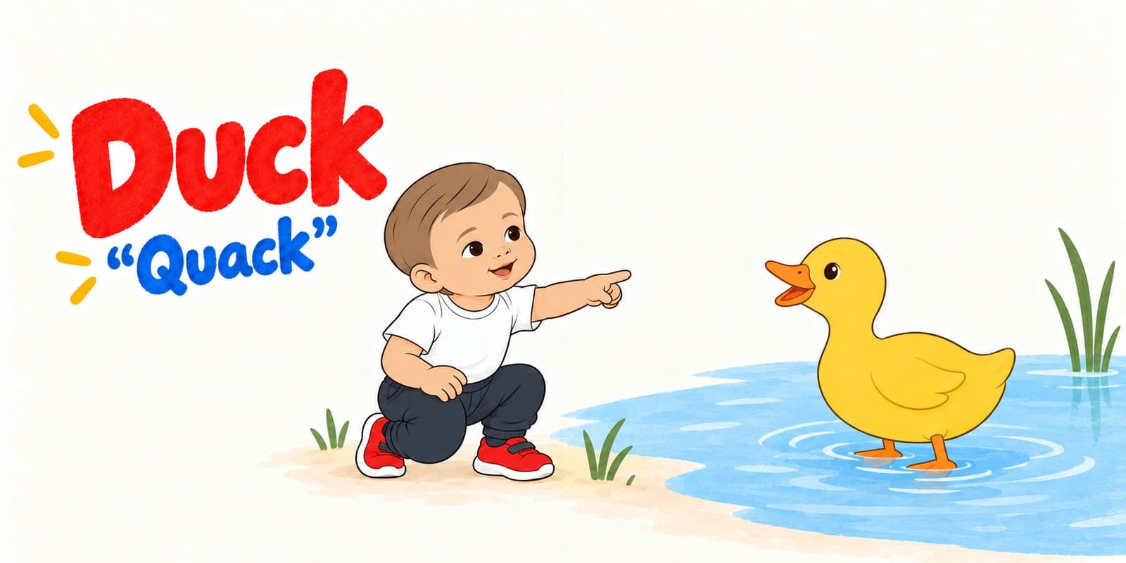 Spread from My First Words: Duck, and the way Leo says it, “Quack”, with Leo pointing at a duck on a pond