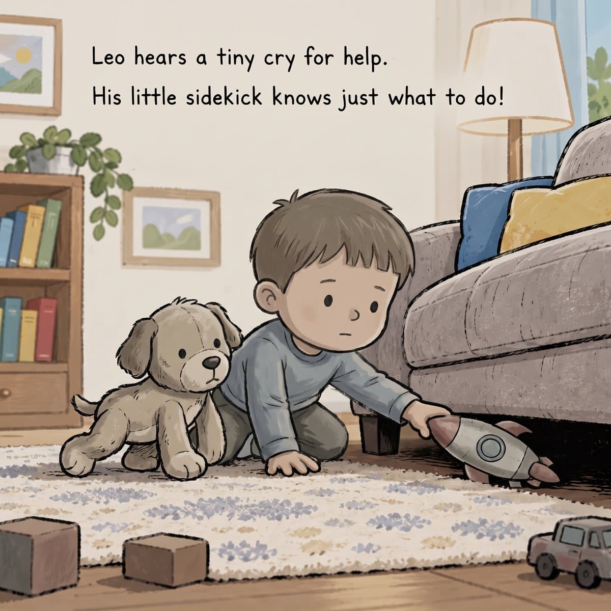 A template page: Leo hears a tiny cry for help, with a toy dog that isn’t his